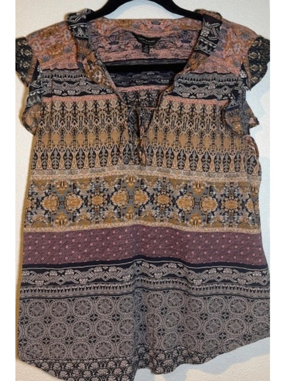 Lucky Brand Boho Mixed Print Flutter Sleeve Blouse Size Small